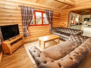 ein Wohnzimmer mit einem Sofa und einem TV in der Unterkunft Oak Lodge in Oakham