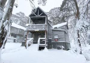a wooden cabin in the snow with snow covered trees at Absinthe in Dinner Plain