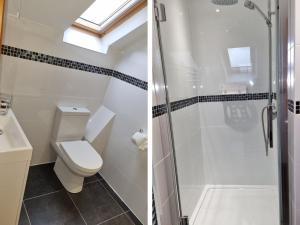a bathroom with a shower and a toilet and a sink at Corner Croft in Earl Sterndale