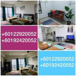 eine Collage mit vier Bildern eines Wohnzimmers in der Unterkunft Studio I-Soho D'Gunduls Homestay by DGH I-CITY in Shah Alam