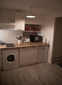 uma cozinha com uma máquina de lavar roupa e um micro-ondas em Calme et cosy em Obernai