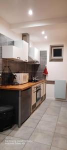 a kitchen with white cabinets and a white microwave at superbe appartement de 40m2 avec parking gratuit sur place in Cuisery