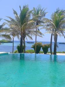 een zwembad met palmbomen en de oceaan bij Lily Palm Resort in Watamu