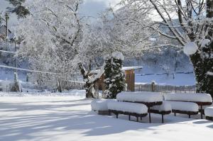 a snow covered garden with snow covered benches at Penzion Larion in Kráľová Lehota