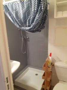 a bathroom with a toilet and a chandelier at Jolie studio au coeur d'Allos in Allos