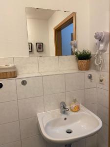 ein Bad mit einem Waschbecken und einem Spiegel in der Unterkunft Pension Garni No.11 in Dresden