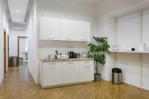 a kitchen with white cabinets and a potted plant at ROYAL ROOMS*** in Ljubljana