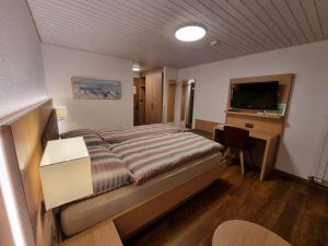Schlafzimmer mit einem Bett, einem Schreibtisch und einem TV in der Unterkunft Hotel Astoria in Ulrichen