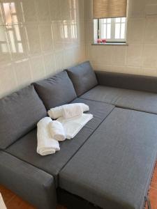 a blue couch with two white pillows on it at Casa da Serra - Serra da Estrela in Seia