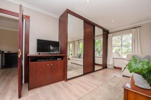 a living room with a television and a mirror at Wild Olive Executive Suite in Johannesburg
