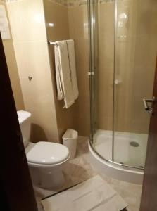 a bathroom with a toilet and a glass shower at Yria Residencial in Porto Novo