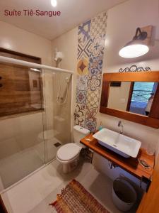 y baño con aseo, lavabo y ducha. en Pousada Recanto da Lunane, en Barra do Piraí