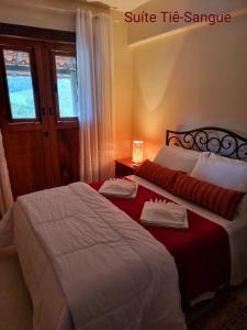 um quarto com 2 camas e uma mesa de cabeceira com um candeeiro em Pousada Recanto da Lunane em Barra do Piraí