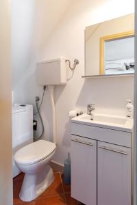 ein Badezimmer mit einem WC, einem Waschbecken und einem Spiegel in der Unterkunft Holiday Home Anima Maris in Ston