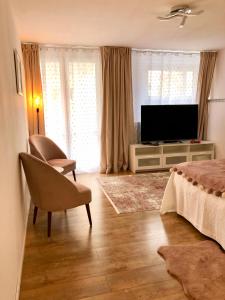 a living room with a television and a chair at Old Town Romantic Apartment. Breslau-Wroclaw. in Wrocław