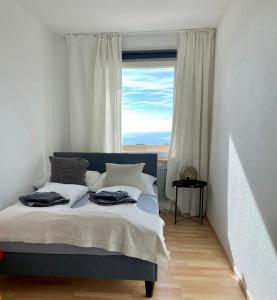 1 dormitorio con 1 cama y ventana grande en Ferienwohnung - Schöne Aussicht, en Immenstaad am Bodensee