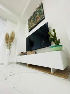 uma sala de estar branca com uma televisão de ecrã plano numa parede branca em Skopje Boutique Apartments em Skopje