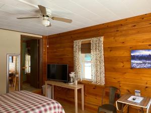 Schlafzimmer mit Holzwänden, einem Bett und einem TV in der Unterkunft Mountain View Motel & Campground in Stratton