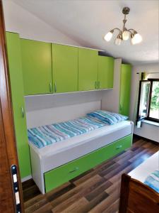 sypialnia z zielonymi szafkami i łóżkiem w obiekcie Apartman "Sabine" with heated pool w mieście Omišalj +37 zdjęć
