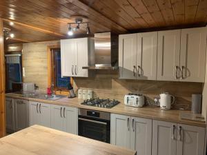 a kitchen with white cabinets and a stove at Herons Lake Retreat Lodges in Caerwys