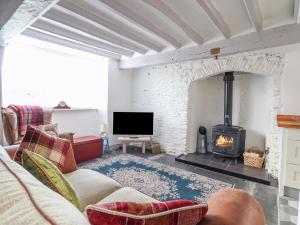 a living room with a fireplace and a couch at 1 Hendom in Corwen