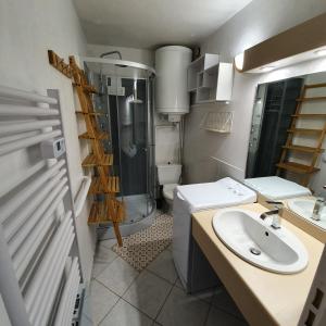 La petite salle de bains est pourvue d'un lavabo et de toilettes. dans l'établissement apt cosy, 4 pers, plein centre ville, parking offert, à Font-Romeu-Odeillo-Via
