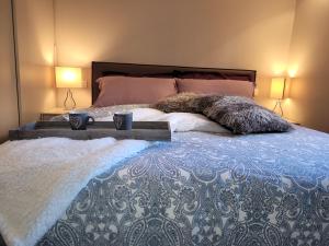 SAUZE d'OULX LOVELY AND SUPER CENTRAL في ساوتسي دو اولكس: غرفة نوم بسرير مع وسادتين ومصباحين
