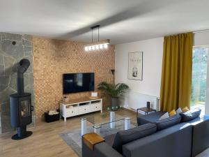 Una sala de estar con un sofá y un televisor de pantalla plana. en Apartamenty Sielankowo, en Szczyrk