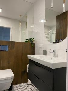 a bathroom with a sink and a toilet and a mirror at Apartament Coral in Grzybowo