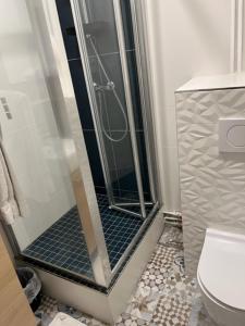 La salle de bains est pourvue d'une douche et de toilettes. dans l'établissement Hotel Luna Park, à Paris 21 autres photos