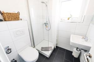 uma casa de banho com um chuveiro, um WC e um lavatório. em FEWO Fördeblick em Flensburg