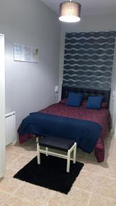 カセレスにあるApartamento Las Encinasのベッドルーム(青い枕の大型ベッド1台付)