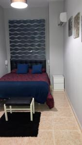 カセレスにあるApartamento Las Encinasのベッドルーム(青い枕のベッド1台付)