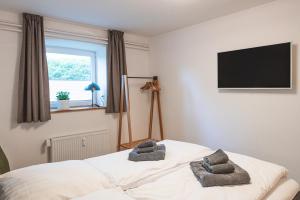 グリュックスブルクにあるFEWO Seeblickの枕が2つ置かれたベッドのある寝室