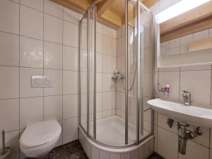 y baño con ducha, aseo y lavamanos. en Snowfun B Penthouse, en Saas-Fee