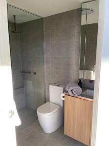 a bathroom with a toilet and a sink and a shower at Lovely 2 Bedroom Executive Apartment in Brisbane
