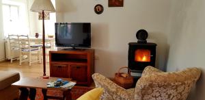 sala de estar con TV y estufa de leña en The OldMillhouse, en Mojstrana