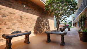 two benches sitting next to a brick wall at Best Western Greenville Airport in Greenville