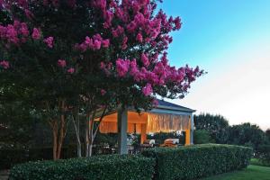 Una casa con un árbol con flores rosas. en Sonesta Simply Suites Dallas Richardson, en Dallas