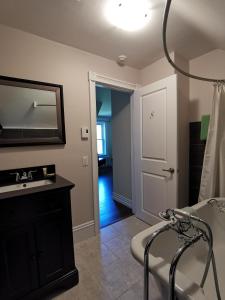 La salle de bains est pourvue d'un lavabo et d'un miroir. dans l'établissement By The River B&B, à Fredericton