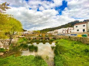 a river in a town with a bridge and buildings at Casa Rural Cascadas del Hueznar in San Nicolás del Puerto