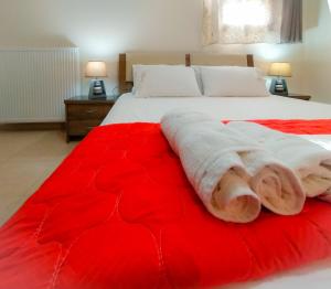 a bedroom with a red blanket on a bed at Sundays Family House/Studio in Nikiti