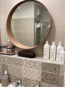 w łazience znajduje się umywalka z lustrem i kilka butelek mydła. w obiekcie Apartmán Šantovka w Ołomuńcu