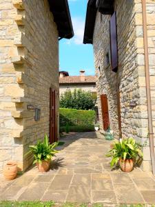 an entrance to a stone building with two potted plants at TowerHouse1517 in Serramazzoni