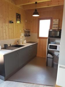 una cucina con lavello e microonde di Chalet montagnard Perce Neige avec terrasse plein sud-5 personnes a Murat-le-Quaire