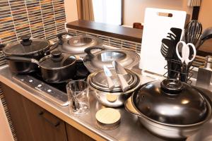 - un ensemble de casseroles et de poêles dans une cuisine dans l'établissement スタジオーネ 箱根強羅 West - Stagione Hakone Gora West, à Gora