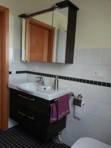 a bathroom with a sink and a mirror at Ferienwohnungen Haus Elena 45241 in Ditzum