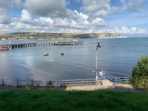 a large body of water with a pier and a person on a bike at Little Gem in Swanage