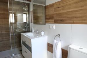 uma casa de banho com um lavatório e um chuveiro em EL MIRADOR DE LA TORRE em Constantina