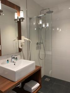 een badkamer met een wastafel en een douche bij De Roode Leeuw Terborg in Terborg